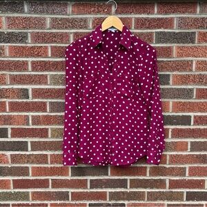 Express Burgundy and White Polka Dot Collared The Portofino Shirt Blouse Top